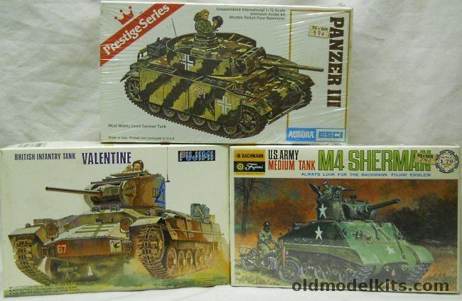 Fujimi Fujimi 0762 1/76 M4 Sherman / Fujimi 76007 1/76 Valentine British Infantry Tank / Aurora-ESCI 1/72 Panzer III plastic model kit